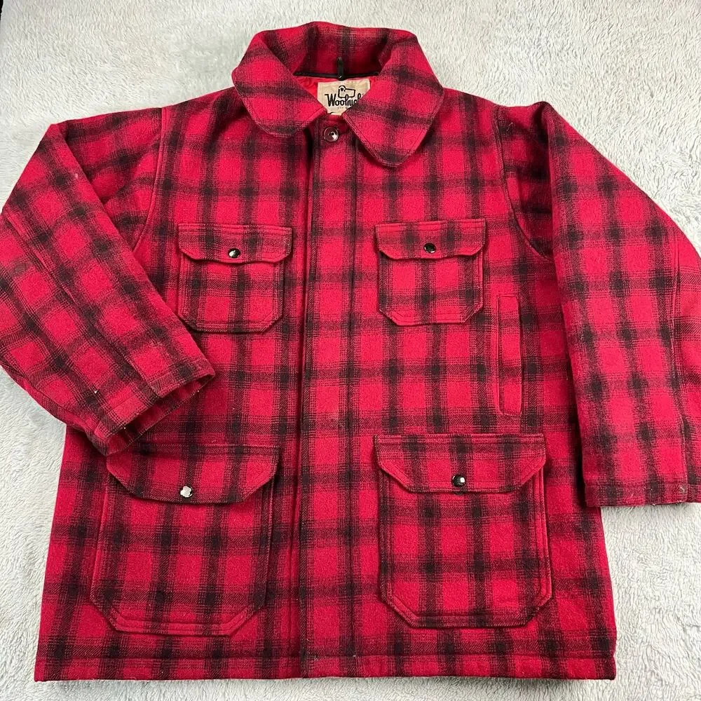 Woolrich Vintage Red Buffalo Plaid Hunting Jacket Size 44 Wool Field Coat SZ L